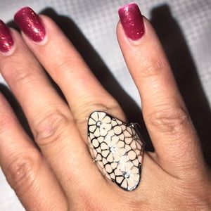 Silver tone and pink enamel ring